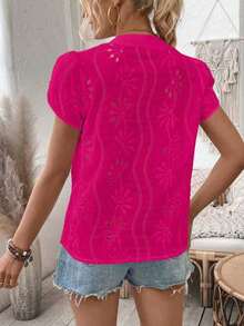 Camisa de mujer con escote en V con muesca, mangas abullonadas, blusa de manga corta - Rosa Fucsia - Ver 2