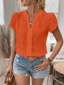 Camisa de mujer con escote en V con muesca, mangas abullonadas, blusa de manga corta - Naranja - Ver 3