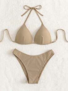Conjunto de bikini liso, sujetador push up y parte inferior de bikini, traje de baño de 2 piezas - Caqui 2 - Ver 6