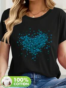 Camiseta de Mujer con Estampado Gráfico - Diseño Corazón Turquesa, Cuello Redondo Manga Corta, Ropa Casual Transpirable para Verano, Lavable a Máquina, Fácil Cuidado, Tela No Transparente y Artística - Negro - Ver 2
