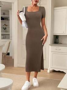 Frenchy Vestido elegante de unicolor de manga corta con abertura simple para mujeres - Café integral - Ver 5
