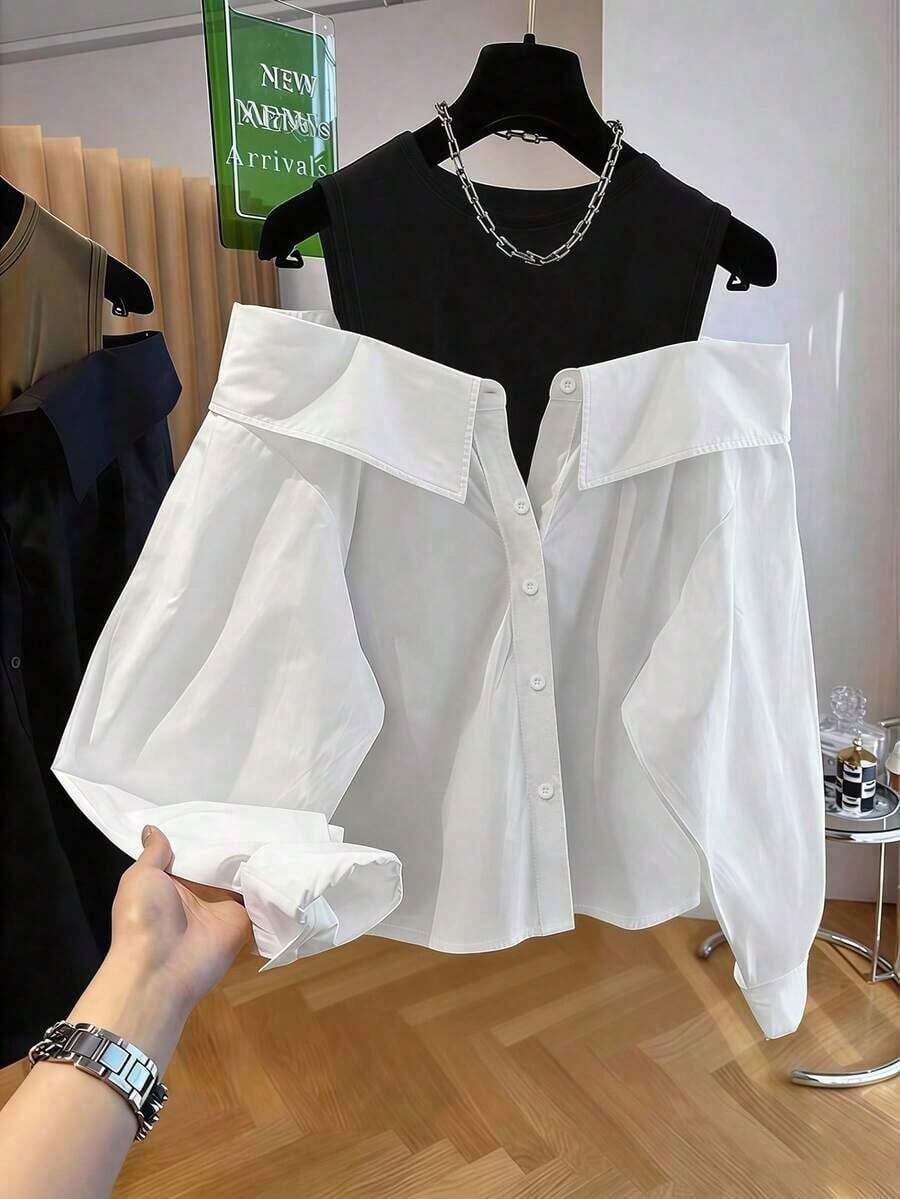 Blusa suelta de manga larga y hombros descubiertos de moda para mujeres - Blanco - Ver 1