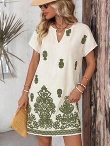 Vestido casual de mujer con estampado floral, cuello en V y manga corta para vacaciones - Verde 2 - Ver 3