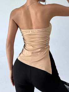 Top Sin Tirantes Con Pliegue Dividido - Caqui - Ver 2