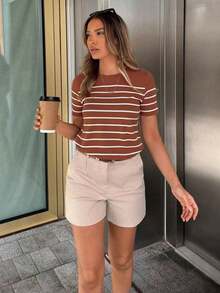 Camiseta casual versátil de rayas con gráficos para mujeres - Marrón - Ver 5