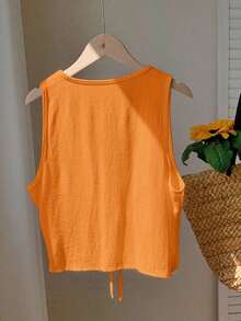 2026 Nuevo Top sin mangas con cuello en V, lazo delantero y bordado floral para mujer, ideal para vacaciones en la playa, uso casual, estilo Y2K de los 2000, primavera, graduación, fiesta de boda, vacaciones elegantes, San Valentín, carnaval, - Naranja Quemada - Ver 2