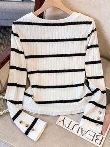 Elegante camiseta de punto de cuello redondo, top de punto minimalista de moda, otoño/invierno - Blanco y Negro - Ver 2
