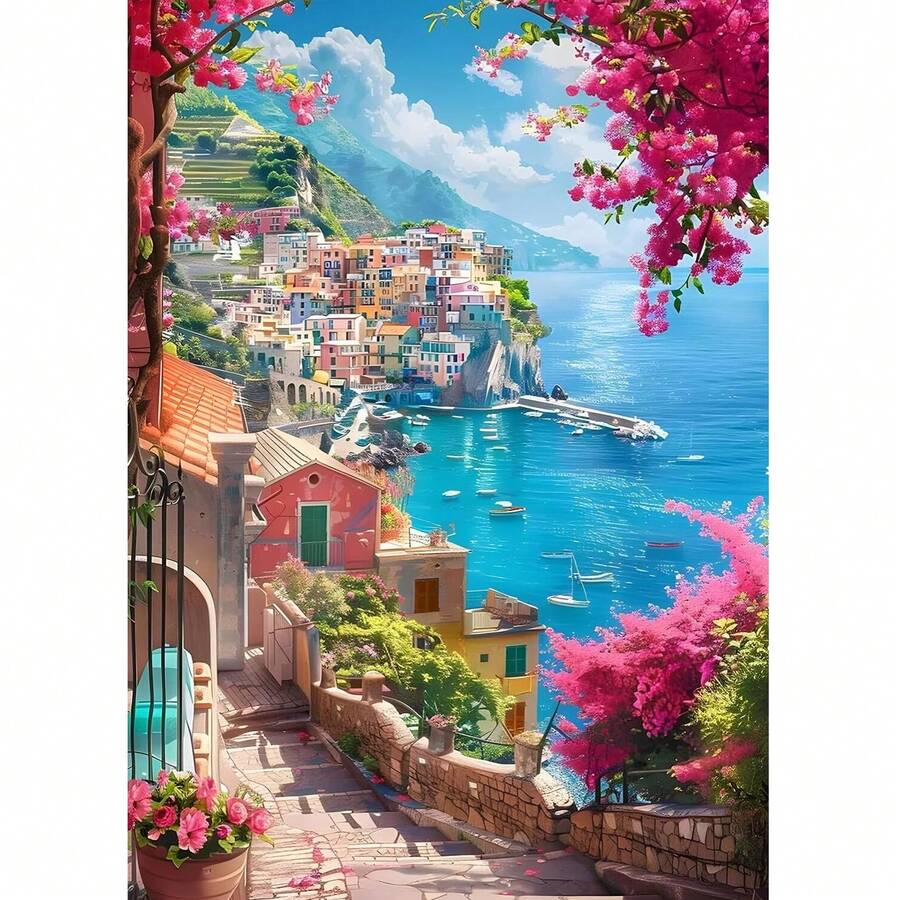 一套DIY钻石画艺术套装 - 海滨小镇风景图案，圆形钻石马赛克艺术品，适合初学者，家居墙面装饰，独特礼物，不含画框 - 無框 - 查看 1