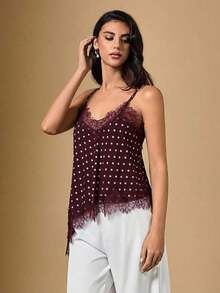 2026 Nuevo Llegado Verano Elegante Blusa de Satén a Lunares para Mujer con Tirantes de Encaje Contrastante y Bajo Asimétrico de Longitud Regular/Blusa Asimétrica de Verano, Blusa de Salida de Verano para Mujer, Vacaciones de Primavera, Blusa Eleg - Rojo - Ver 6