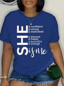 Printed Crew Neck T-Shirt In Plus Size - 藍色 - 查看 12