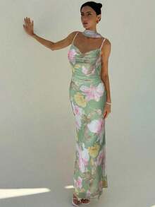 vestido con cuello drapeado sexy con espalda descubierta, estampado de malla con flores románticas y tirantes extra largos - Verde - Ver 5