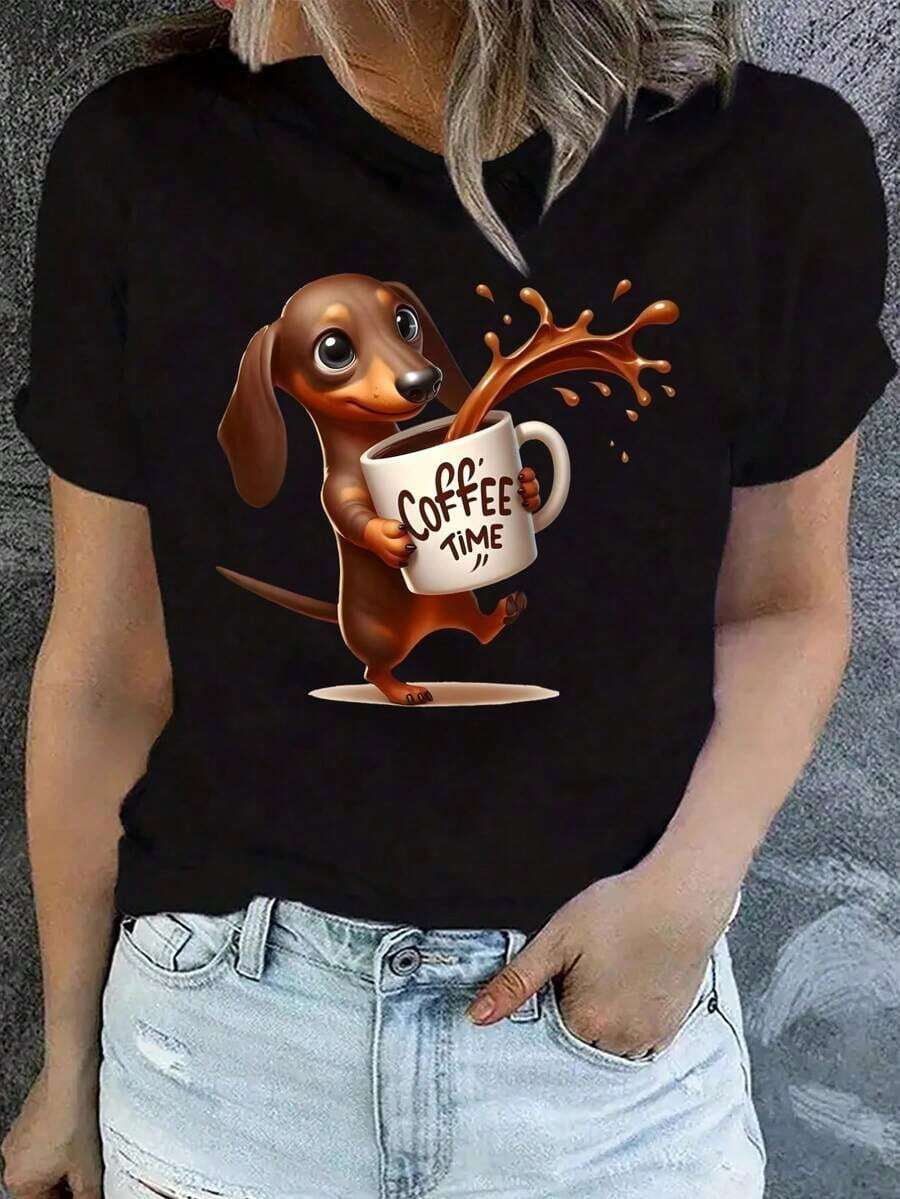 Camiseta Casual para Mujer - Estampado Gráfico de Dachshund "Coffee Time", Tela Suave y Elástica, Cuello Redondo, Manga Corta, Lavable a Máquina, Ropa Casual Cómoda para Primavera Verano - Negro - Ver 1