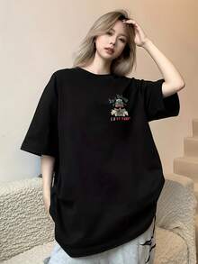 Plus Size, Special For Japan And Korea: Women's Plus Size Short Sleeve T-Shirt, New Spring/Summer Style, Korean Style Loose Fit, Solid Color, Versatile And Simple Top, Fashionable And Everyday Women's Top, Solid Color T-Shirt For Women - 黑色 - 查看 2
