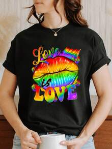 Vintage T-Shirt With Letter Print And Colorful Heart Design, Short Sleeve, Round Neck, Casual Style, Women's Clothing For Spring And Summer, Everyday Wear T-Shirt. - 黑色 - 查看 7