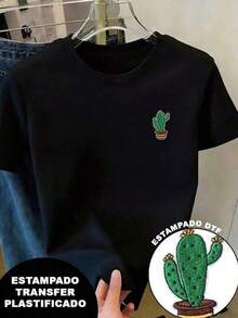 Playera estampada con diseño de cactus, estilo bordado pero es estampado, colorido, moderno, cuello redondo, manga corta, ideal para todos los días, llamativa, holgada, a la moda, ideal para uso diario, es un básico. 100% algodón, estilo Y2K Bababask - Negro - Ver 6