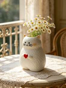 1Pc Heart Cat Resin Vase - 3D Cartoon Pet Shape Flower Vase For Living Room, Valentine's Day Birthday Housewarming Gift | Home Decor, Room Decor, Boho Decor, Desk Decor, Cute Collectible, Unique Gift, Table Centerpiece, Housewarming Gift - New Model - View 1