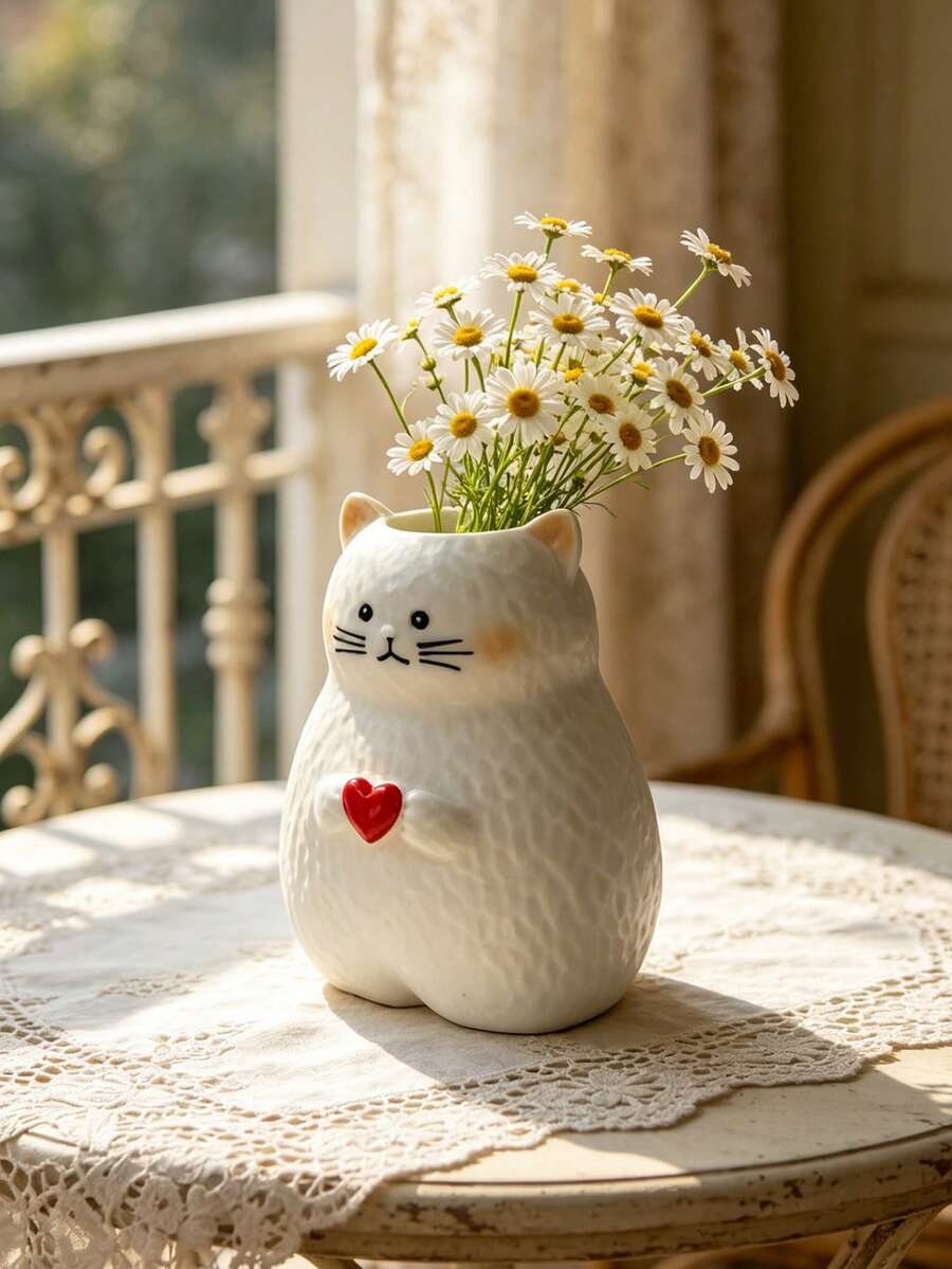 1Pc Heart Cat Resin Vase - 3D Cartoon Pet Shape Flower Vase For Living Room, Valentine's Day Birthday Housewarming Gift | Home Decor, Room Decor, Boho Decor, Desk Decor, Cute Collectible, Unique Gift, Table Centerpiece, Housewarming Gift - New Model - View 1
