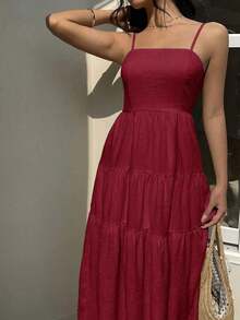 Vestido con escote de tubo plisado de tela texturizada color melocotón claro, con tirantes finos, cintura suelta, estilo relajado para vacaciones - Burdeos - Ver 3