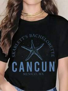 Skarlett's Bachelorette Party T-Shirt, Cancun, Mexico, Starfish Print, Beach Vacation, Women's Summer Casual Wear, Gift For The Bride-To-Be, Short Sleeve T-Shirt. - 黑色 - 查看 1