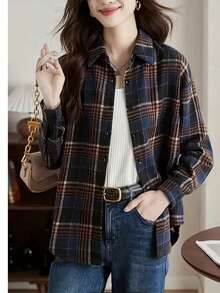 Áo sơ mi dài tay kẻ caro cài nút phía trước phong cách retro dành cho nữ, thích hợp mặc vào mùa thu - Màu xanh lam - Xem 4