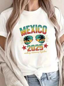Glasses Mexico Squad Print Cotton T-Shirt, 100% Cotton, Short Sleeve, Round Neck, Casual Style For Summer And Spring, Women's Clothing, Short Sleeve T-Shirt. - 白色 - 查看 6