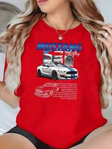 LooseCamiseta Moderna Mujer con Estampado de Coche Deportivo,Diseño Original y Casual para un Look Único y Confortable.Basic Crew Neck Cotton T-shirt for Women - Rojo - Ver 7