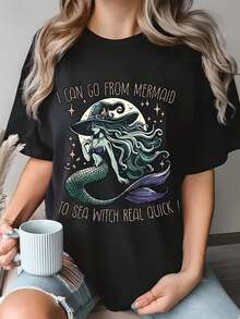 Women's Mermaid To Sea Witch Graphic T-Shirt - Soft And Comfortable Black T-Shirt With Mermaid And Sea Witch Design, Short Sleeve And Crew Neck For Halloween Costumes, Fancy Dress, Casual Wear - Unique Gift For Her - 黑色 - 查看 1