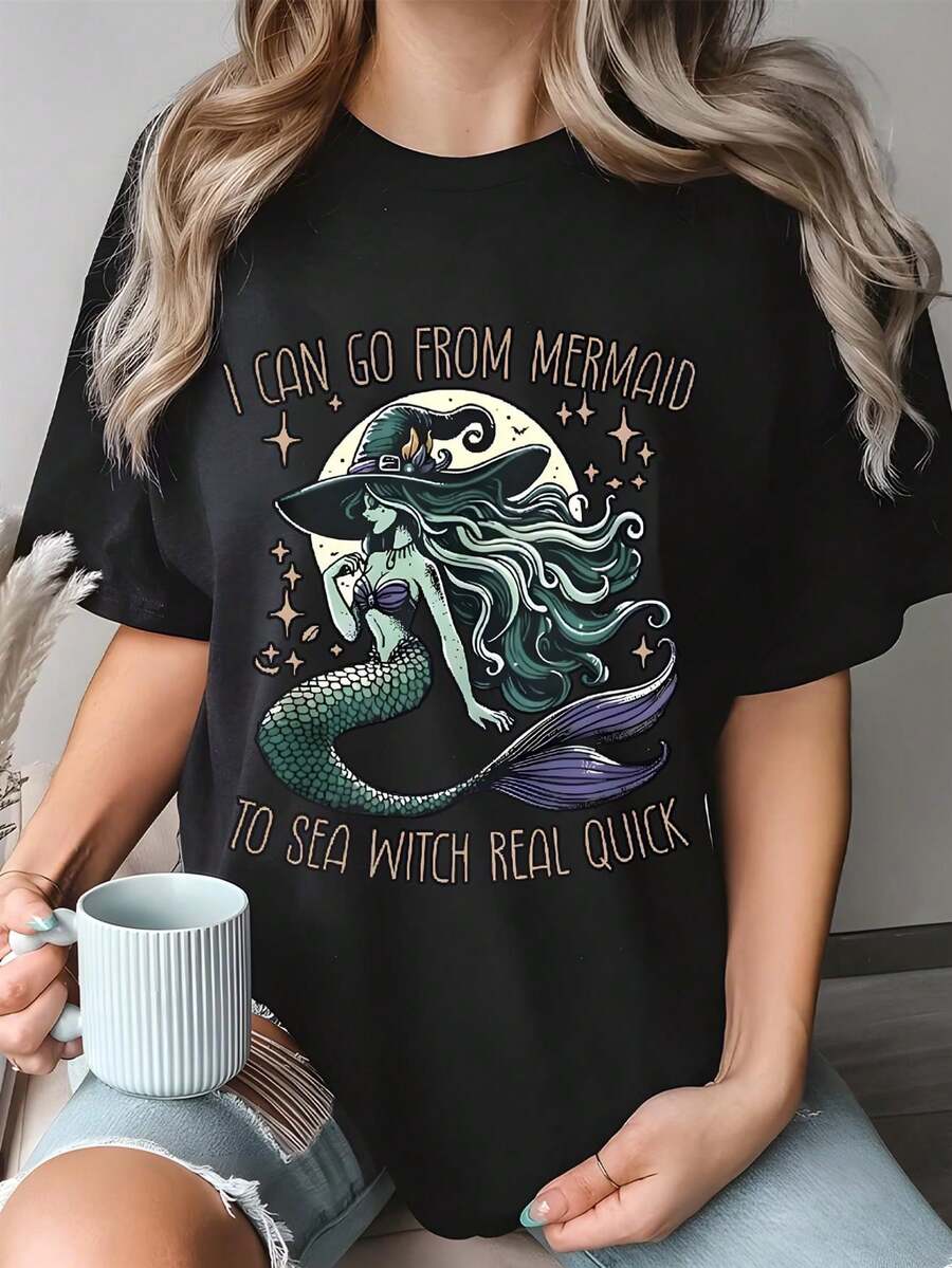 Women's Mermaid To Sea Witch Graphic T-Shirt - Soft And Comfortable Black T-Shirt With Mermaid And Sea Witch Design, Short Sleeve And Crew Neck For Halloween Costumes, Fancy Dress, Casual Wear - Unique Gift For Her - 黑色 - 查看 1