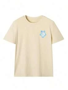 Women's Oversized Short Sleeve T-Shirt With Blue Floral Print, French Retro Style, Floral Theme, Casual, Loose Fit, Slimming, Comfortable, Breathable, Relaxed Style For Beach Vacation, Women's T-Shirt, Perfect For Beach Holidays/Summer Outings/Beach Look/Girls' Night Out/Daily Commuting/Music Festivals/Summer Wear, Women's Oversized Graphic T-Shirt Summer Casual - 杏 - 查看 3