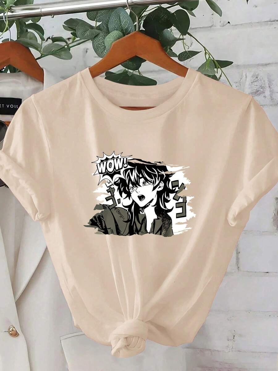 1 camiseta de verano de manga corta para mujer - Estampado de personaje de anime con gráfico geométrico 2D y expresión de sorpresa con "¡WOW! "Texto.y Estilo Urbano" |   Diseño Juvenil |   Ajuste cómodo, ropa bonita |   Diseño exquisito |   Suelto y cómodo |   Fácil de combinar | - Albaricoque - Ver 1