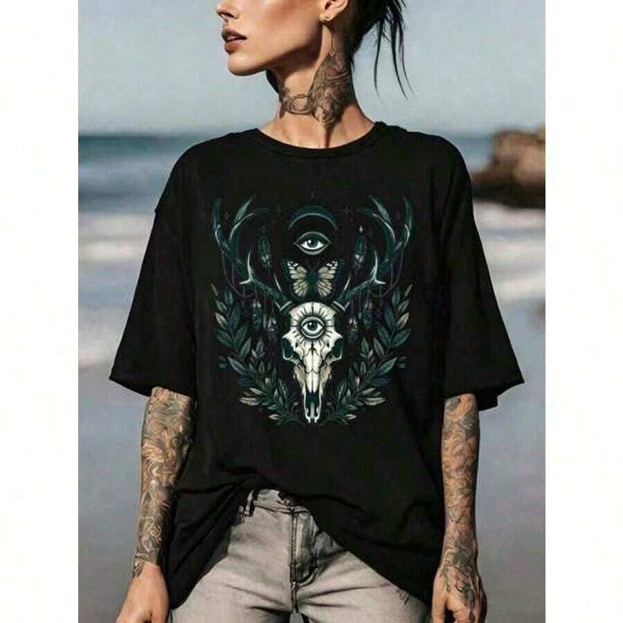 New Summer 2026 Collection: Local Shipping, Women's T-Shirt With Gothic Skull And Deer Print For Day Of The Dead, Soft And Breathable Short Sleeve, Perfect For Everyday Wear, Outdoor Activities, Travel, And Casual Style, Comfortable Fit For All-Day Wear. 100% Cotton - High Quality - 黑色 - 查看 1