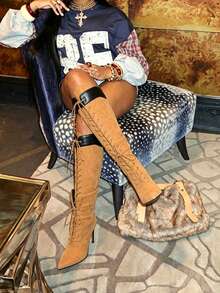 Women's Knee High Boots Pointed Toe Lace Up Stiletto Heel Yellow Boots Motorcycle Dressy Party Luxury Fashion Spring Summer Boots For Women - 黃色 - 查看 1