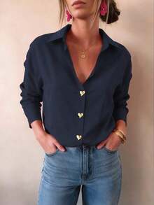 Camisa básica de mujer con hebilla de corazón de metal a rayas rosa pálido, elegante y minimalista para uso casual y de oficina, prenda exterior casual para otoño/invierno - Azul marino - Ver 5
