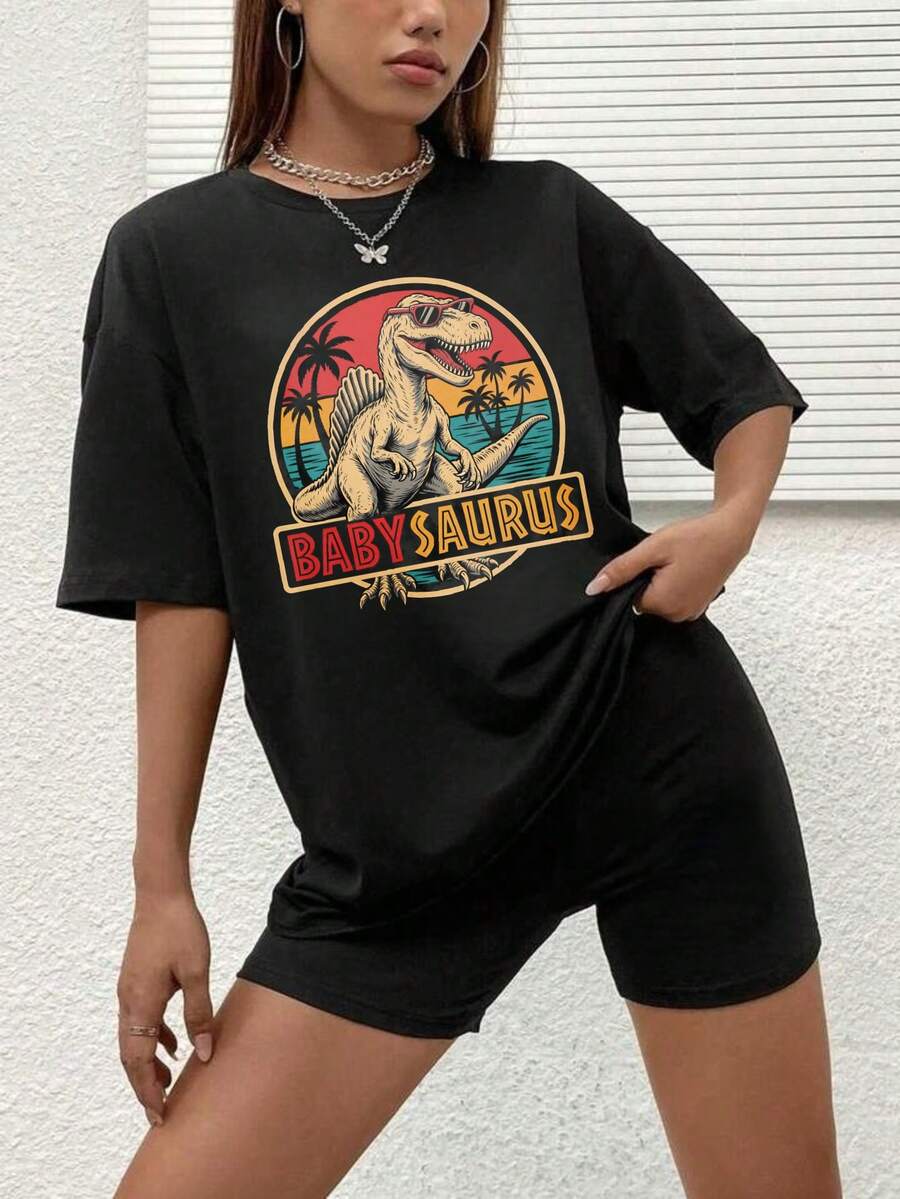 1 Piece, Unisex Short Sleeve Crew Neck T-Shirt, 180g, Retro Dinosaur Family Print With Sunset Palm Trees, Y2K Bababask Inspired Style, 100% Pure Cotton, Casual And Versatile For Urban Wear, Daily Outings, Summer, Camping, Concerts, Hip-Hop/Rock/Rap Events And Beachwear. Ideal For Festivals, Autumn, Year-Round Wear And Plus Sizes. - 黑色5 - 查看 1