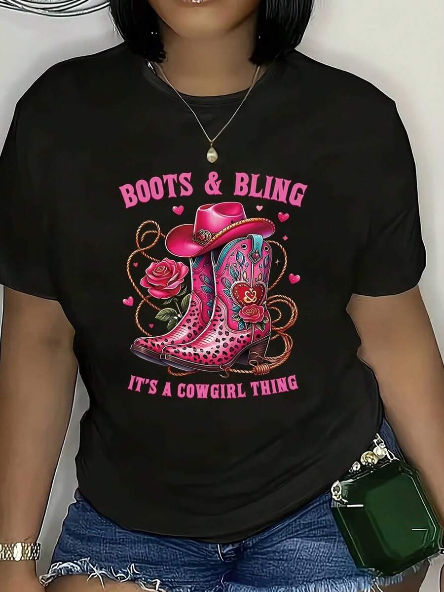 Damen-T-Shirt aus 100 % Baumwolle, "Boots & Bling Cowgirl"-Motiv, Grafik-T-Shirt "It's A Cowgirl Thing", pinkes Western-Shirt, lässiges Cowboy-Top mit Leopardenmuster - Schwarz - Übersicht 1