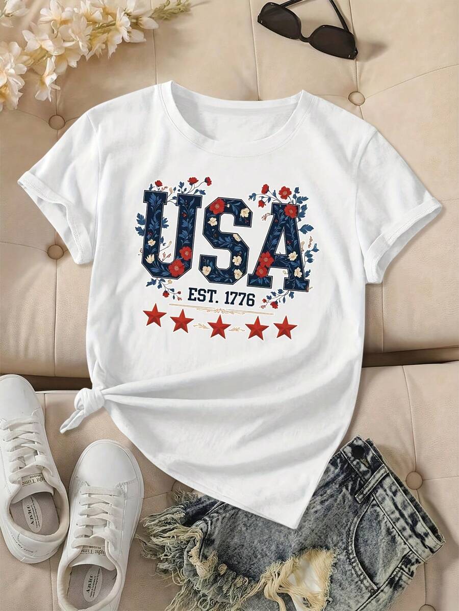 Women's American Patriotic T-Shirt 2026 Vintage 1776 Design - Casual Red Short Sleeve Crew Neck Top, Stars And Stripes Design, All Season Comfort, Machine Washable, American Flag T-Shirt. - 白色 - 查看 1