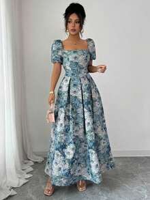 Vestido midi elegante con mangas abombadas bordadas para mujer, de verano - Azul - Ver 6