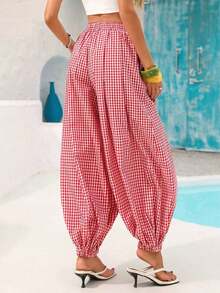 Pantalones holgados de tiro alto con bolsillos y estampado de cuadros para mujer, ideales para vacaciones, estilo vacacional, atuendos de verano. Pantalones holgados con cintura elástica y estampado de cuadros, adecuados para la oficina, negocios, vacaciones, uso casual, diario, universidad, viajes. Nuevos pantalones de verano para mujer, pantalones de trabajo, pantalones envolventes, pantalones de trabajo para mujer. - Rojo - Ver 4
