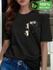 Camiseta Negra Unisex con Diseño de Gatos Divertidos en Bolsillo Estilo Urbano Casual Ideal para Amantes de los Gatos Algodón Suave y Ligero Moda Juvenil Oficina o Fin de Semana Regalo Perfecto para Hombres y Mujeres  2023 MEX - Negro - Ver 8