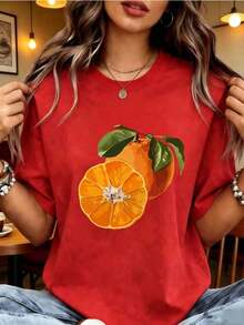 Nuevas llegadas de moda |   1 pieza de camiseta de mujer 100% de algodón transpirable |   Camiseta casual de manga corta de colores vivos - Top de algodón suave con cuello redondo, con estampados geométricos de rodajas de naranja y hojas, lavable a máquina, adecuada para uso casual en primavera y verano, camiseta con estampado de frutas, tela para todas las estaciones - Opción ideal para el verano - Camiseta unisex de estilo callejero vintage, holgada, de manga corta y cuello redondo, de puro algodón. - Rojo - Ver 8