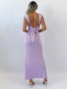 Elegant Sleeveless Dress With Open Back, Ties, Fitted And European Style Slit For Summer - Purple - View 3