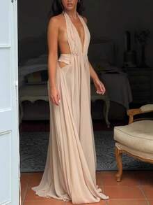 Vestido largo de fiesta plisado cuello V profundo halter espalda descubierta elegante moda verano para mujer - Albaricoque - Ver 11