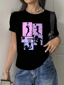 Gráficos de mujeres jugando baloncesto simbolizando energía determinación y amor por el deporte en tonos rosa y lila camiseta para mujer 100% algodón suave y cómoda para uso diario - Negro - Ver 8