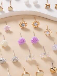 30pcs Cute Flower, Heart, Bow Shiny Earring Set, Suitable For Dating, Outing, Photo Shooting, Vacation Wear, Jewelry Gift Set - Multicolor - View 4