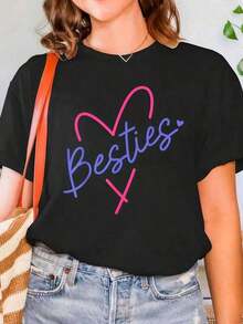 Camiseta Con Cuello Redondo Estampada Con Diseño De Mejor Amiga, Hermana, Prima, De Verano Para Mujeres Camiseta De Manga Corta, Suave Y Cómoda Con Estampado Gráfico De Moda Summer Essentials,Summer Outfits For Women,Graphic Tees blusas para mujer camisa - Negro - Ver 1