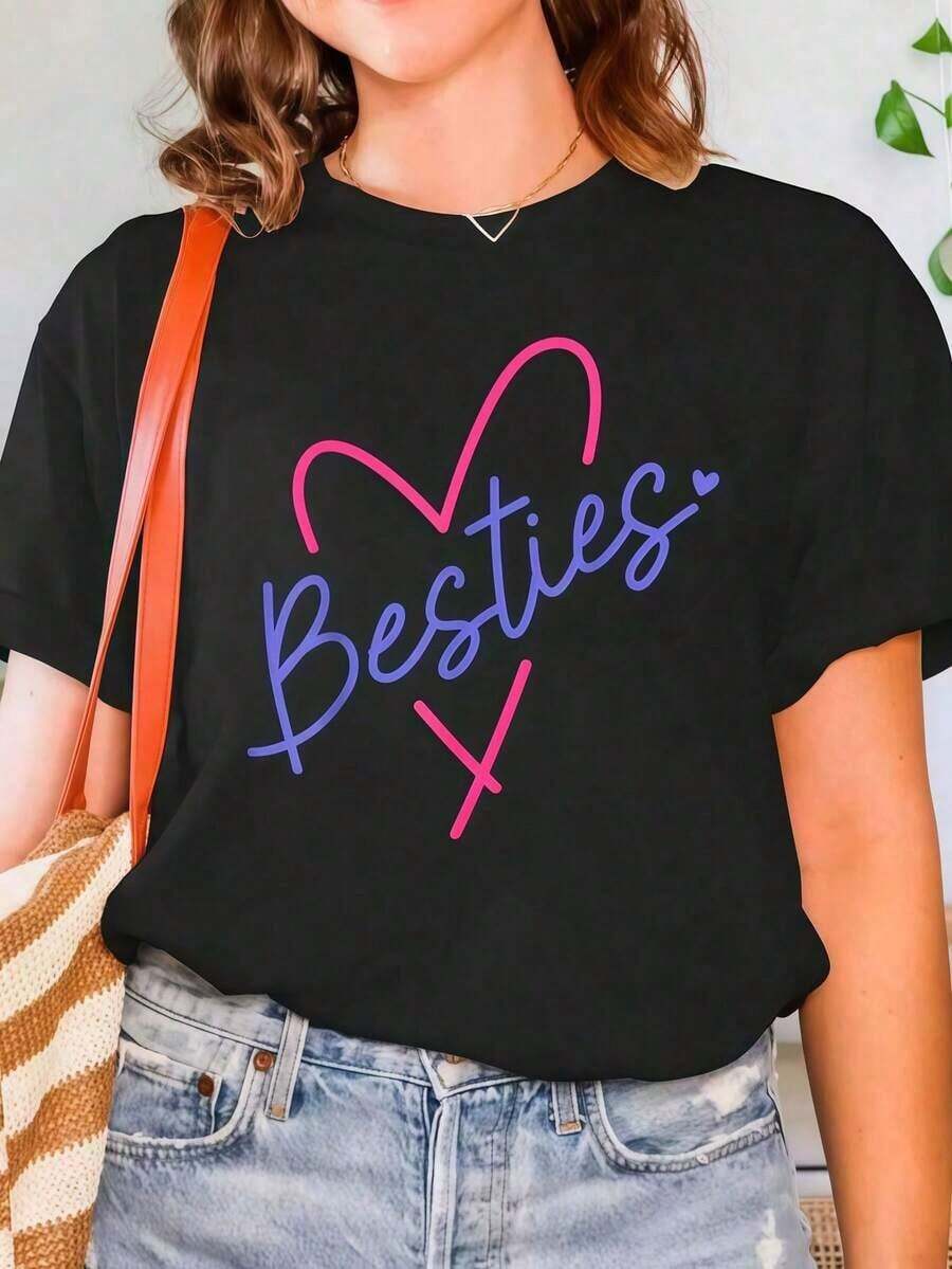 Camiseta Con Cuello Redondo Estampada Con Diseño De Mejor Amiga, Hermana, Prima, De Verano Para Mujeres Camiseta De Manga Corta, Suave Y Cómoda Con Estampado Gráfico De Moda Summer Essentials,Summer Outfits For Women,Graphic Tees blusas para mujer camisa - Negro - Ver 1