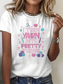 1 pieza, clásica y versátil, camiseta de manga corta de algodón puro, ideal para usar en cualquier estación. Estilo boho femenino con dise?o de flores silvestres y mariposa de verano, estilo moderno - Blanco - Ver 1