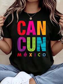 Camiseta de diseño tropical colorido de Cancún, México, para mujer, informal, para vacaciones de verano, viajes, con estampado gráfico, 220g, playeras de mujer - Negro - Ver 1