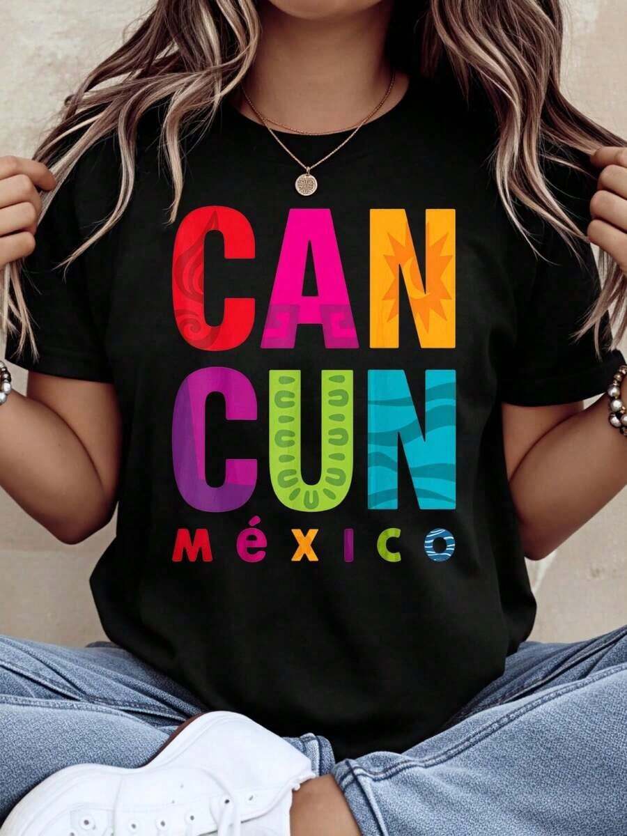 Camiseta de diseño tropical colorido de Cancún, México, para mujer, informal, para vacaciones de verano, viajes, con estampado gráfico, 220g, playeras de mujer - Negro - Ver 1