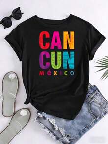 Camiseta de diseño tropical colorido de Cancún, México, para mujer, informal, para vacaciones de verano, viajes, con estampado gráfico, 220g, playeras de mujer - Negro - Ver 3